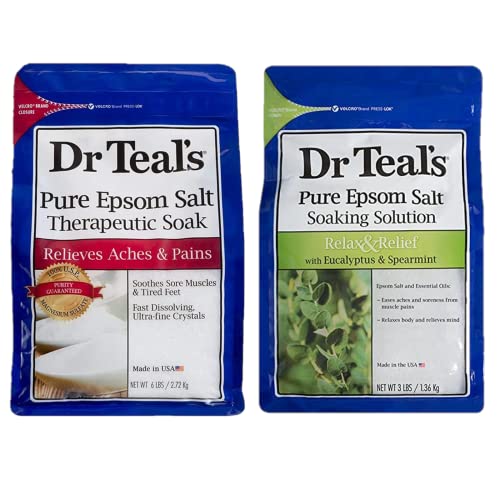 Dr. Teal's Pure Epsom Salt Soaking Solution Mothers Day Gift Set (2 Pack, 3lb Ea) - Relax Relief Eucalyptus & Spearmint (3lb), Unscented Therapeutic Soak (6lb) - Eases Aches & Pains, Relieves the Mind