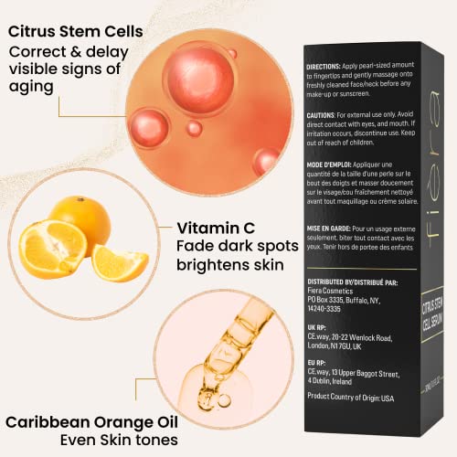 Fièra Vitamin C Serum, Hyaluronic Acid and Citrus Stem Cells - Anti Aging Serum for Brightening, Firming, and Hydrating Face & Eye Area - 30 ML / 1 FL. OZ.