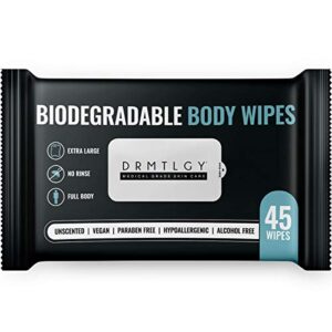 drmtlgy body and face shower wipes for women and men – 45 wipes. xtra large biodegradable no rinse cleasning wipes for camping, sports, traveling, and more!