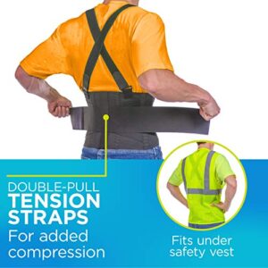 BraceAbility Industrial Work Back Brace | Removable Suspender Straps for Heavy Lifting Safety - Lower Back Pain Protection Belt for Men & Women in Construction, Moving and Warehouse Jobs (Large)