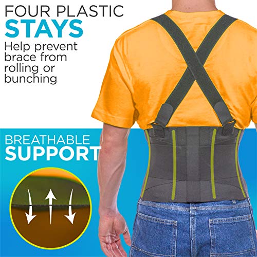 BraceAbility Industrial Work Back Brace | Removable Suspender Straps for Heavy Lifting Safety - Lower Back Pain Protection Belt for Men & Women in Construction, Moving and Warehouse Jobs (Large)