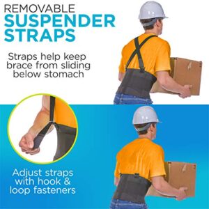 BraceAbility Industrial Work Back Brace | Removable Suspender Straps for Heavy Lifting Safety - Lower Back Pain Protection Belt for Men & Women in Construction, Moving and Warehouse Jobs (Large)