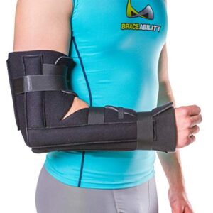 braceability elbow immobilizer brace | removable long arm cast and soft forearm orthosis splint for broken supracondylar, distal humerus, proximal ulna fracture or olecranon bursitis (s/m)