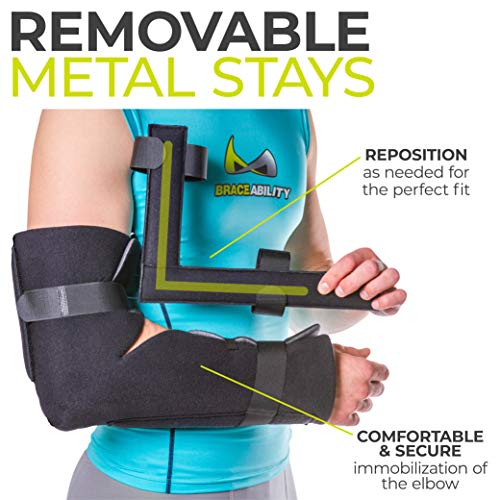 BraceAbility Elbow Immobilizer Brace | Removable Long Arm Cast and Soft Forearm Orthosis Splint for Broken Supracondylar, Distal Humerus, Proximal Ulna Fracture or Olecranon Bursitis (S/M)