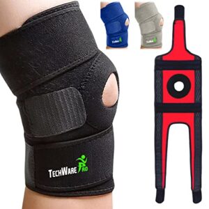 techware pro knee brace support – relieves acl, lcl, mcl, meniscus tear, arthritis, tendonitis pain. open patella dual stabilizers non slip comfort neoprene. adjustable bi-directional straps – large