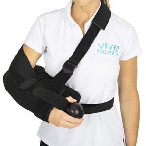 vive shoulder abduction sling – immobilizer for injury support – pain relief arm pillow for rotator cuff, sublexion, surgery, dislocated, broken arm – brace includes pocket strap, stress ball, wedge