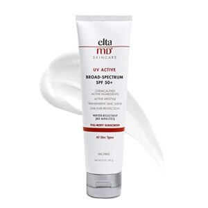 eltamd uv active spf 50+ mineral sunscreen lotion, broad spectrum physical sunscreen for face and body, water-resistant up to 80 minutes, oil-free, non-greasy, full body sunscreen, 3.0 oz tube