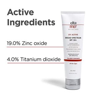 EltaMD UV Active SPF 50+ Mineral Sunscreen Lotion, Broad Spectrum Physical Sunscreen for Face and Body, Water-Resistant Up to 80 Minutes, Oil-Free, Non-Greasy, Full Body Sunscreen, 3.0 OZ Tube