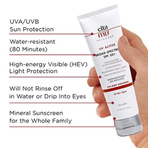 EltaMD UV Active SPF 50+ Mineral Sunscreen Lotion, Broad Spectrum Physical Sunscreen for Face and Body, Water-Resistant Up to 80 Minutes, Oil-Free, Non-Greasy, Full Body Sunscreen, 3.0 OZ Tube