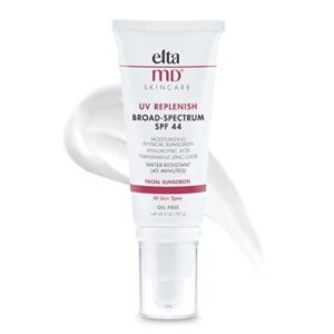 eltamd uv replenish daily face sunscreen broad-spectrum spf 44 protection, mineral, oil free, water-resistant zinc oxide, facial sunscreen for sensitive skin 2 oz.