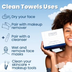 Clean Skin Club Clean Towels XL, 100‪%‬ Biobased Dermatologist Face Towel, Disposable Face Towelette, Facial Washcloth, Makeup Remover Dry Wipes, Ultra Soft, 50 count, 1 pack