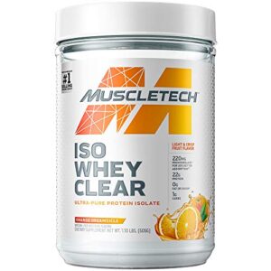 whey protein powder | muscletech clear whey protein isolate | whey isolate protein powder for women & men | clear protein drink | 22g of protein, 90 calories | orange dreamsicle, 1.1lb (19 servings)