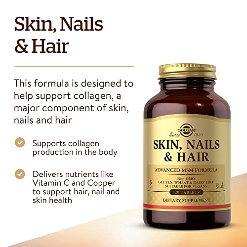 Solgar Skin, Nails & Hair, Advanced MSM Formula, 120 Tablets - Supports Collagen for Hair, Nail and Skin Health - Provides Zinc, Vitamin C & Copper - Non GMO, Vegan, Gluten & Dairy Free - 60 Servings