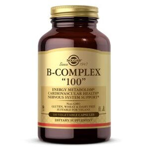 solgar b-complex “100”, 100 vegetable capsules – heart health – nervous system support – supports energy metabolism – non gmo, vegan, gluten/ dairy free, kosher, halal – 100 servings