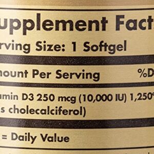 Solgar Vitamin D3 (Cholecalciferol) 250 MCG (10,000 IU), 120 Softgels - Helps Maintain Healthy Bones & Teeth - Immune System Support - Non GMO, Gluten/ Dairy Free - 120 Servings