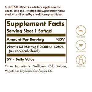 Solgar Vitamin D3 (Cholecalciferol) 250 MCG (10,000 IU), 120 Softgels - Helps Maintain Healthy Bones & Teeth - Immune System Support - Non GMO, Gluten/ Dairy Free - 120 Servings