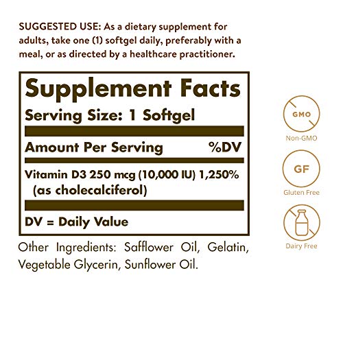 Solgar Vitamin D3 (Cholecalciferol) 250 MCG (10,000 IU), 120 Softgels - Helps Maintain Healthy Bones & Teeth - Immune System Support - Non GMO, Gluten/ Dairy Free - 120 Servings