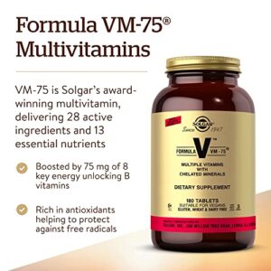 Solgar Formula VM-75 - Multivitamin with Chelated Minerals - Vitamin A, B6, B12, C, D, E - Biotin, Magnesium, Calcium, Iron, Zinc - Vegan Gluten/ Dairy Free - 180 Count (Pack of 1), Cream