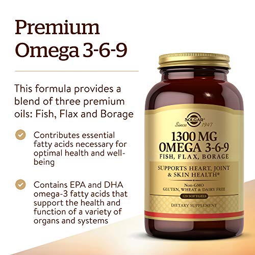 Solgar 1300 mg Omega 3-6-9, 120 Softgels - Fish Oil Supplement - Support for Heart, Joint & Skin Health - Includes Flaxseed & Borage - Contains EPA & DHA - Omega 3 Fatty Acids - 40 Servings