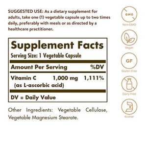 Solgar Vitamin C 1000 mg, 250 Vegetable Capsules - Antioxidant & Immune Support - Overall Health - Healthy Skin & Joints - Bioflavonoids Supplement - Non GMO, Vegan, Gluten Free, Kosher - 250 Servings