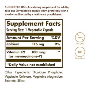 Solgar Vitamin K2 (MK-7) 100mcg, 50 Vegetable Capsules - Supports Bone Health - Natural Whole Food Source from Natto Extract - Non-GMO, Gluten Free - 50 Servings