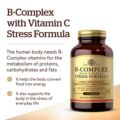 Solgar B-Complex with Vitamin C Stress Formula, 250 Tablets - Energy Metabolism, Nervous System & Immune Support - Non-GMO, Vegan, Gluten Free, Dairy Free, Kosher, Halal - 125 Servings