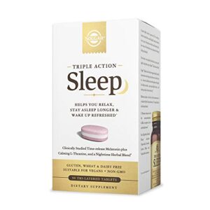 solgar triple action sleep, 90 tri-layer tablets – time-release melatonin & l-theanine plus herbal blend – helps you relax, fall asleep fast & stay asleep longer – non-gmo, gluten free – 90 servings