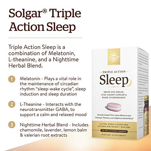 Solgar Triple Action Sleep, 90 Tri-Layer Tablets - Time-Release Melatonin & L-Theanine Plus Herbal Blend - Helps You Relax, Fall Asleep Fast & Stay Asleep Longer - Non-GMO, Gluten Free - 90 Servings