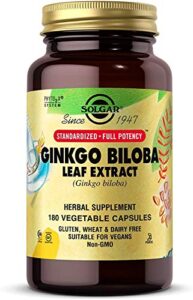 solgar ginkgo biloba leaf extract, 180 vegetable capsules – brain health & mental alertness – standardized full potency (sfp) – non-gmo, vegan, gluten free, dairy free, kosher, halal – 180 servings