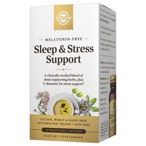 solgar sleep & stress support, vegetable capsules, melatonin free, helps relax, calm you, fall asleep quickly, improve sleep quality with valerian, passionflower, hops, non-gmo, 15 servings, 30 count