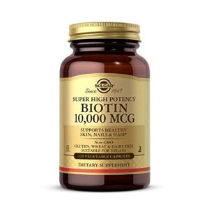 solgar biotin 10,000 mcg, 120 vegetable capsules – energy, metabolism, promotes healthy skin, nails & hair – super high potency – non-gmo, vegan, gluten, dairy free, kosher – 120 servings