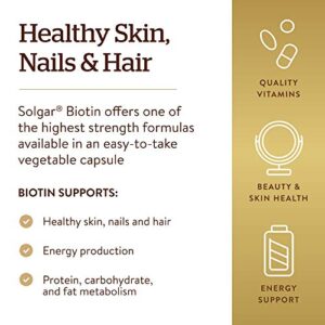 Solgar Biotin 10,000 mcg, 120 Vegetable Capsules - Energy, Metabolism, Promotes Healthy Skin, Nails & Hair - Super High Potency - Non-GMO, Vegan, Gluten, Dairy Free, Kosher - 120 Servings