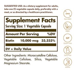 Solgar Biotin 10,000 mcg, 120 Vegetable Capsules - Energy, Metabolism, Promotes Healthy Skin, Nails & Hair - Super High Potency - Non-GMO, Vegan, Gluten, Dairy Free, Kosher - 120 Servings