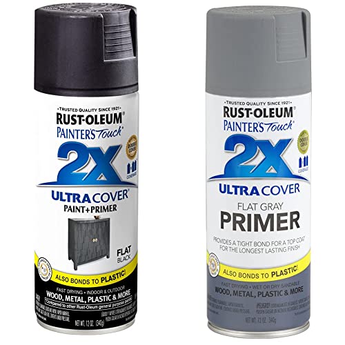 Rust-Oleum 249127 Painter's Touch 2X Ultra Cover, 12 Oz, Flat Black & 249088 Painter's Touch 2X Ultra Cover, 12 Fl Oz (Pack of 1), Flat Gray Primer, 12 Ounce