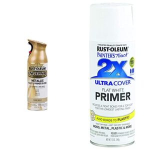 rust-oleum pure gold 245221 universal all surface spray paint, 11 oz, metallic, 11 ounce (pack of 1) & 249058 painter’s touch 2x ultra cover, 12 fl oz (pack of 1), flat white primer, 12 ounce