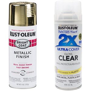 rust-oleum 7710830 stops rust bright coat metallic spray paint, 11 ounce (pack of 1) , gold & 249117 painter’s touch 2x ultra cover, 12 ounce (pack of 1), gloss clear