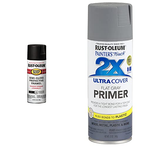 Rust-Oleum 7798830 Stops Rust Spray Paint, 12 oz, Semi-Gloss Black & 249088 Painter's Touch 2X Ultra Cover, 12 Fl Oz (Pack of 1), Flat Gray Mineral Primer, 12 Ounce