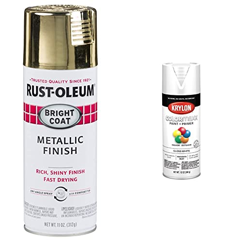 Rust-Oleum 7710830 Stops Rust Bright Coat Metallic Spray Paint, 11 Ounce (Pack of 1), Gold & Krylon K05545007 COLORmaxx Spray Paint and Primer for Indoor/Outdoor Use, Gloss White 12 Oz (Pack of 1)