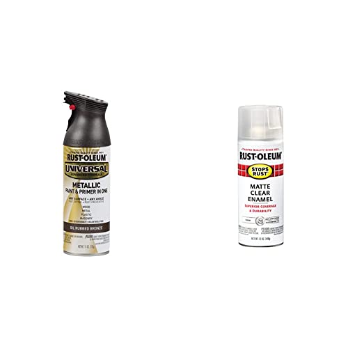 Rust-Oleum 249131 11 oz Universal All Surface Spray Paint, Oil Rubbed Bronze Metallic & 285093 Stops Rust Spray Paint, 12 Oz, Matte Clear