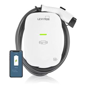 Leviton EV48W Level 2 Electric Vehicle Charging Station with Wi-Fi, 48 Amp, 208/240 VAC, 11.6 kW Output, 18' Charging Cable, Hardwired, White