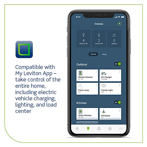 Leviton EV48W Level 2 Electric Vehicle Charging Station with Wi-Fi, 48 Amp, 208/240 VAC, 11.6 kW Output, 18' Charging Cable, Hardwired, White