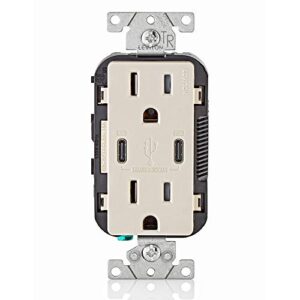 leviton t5635-t usb dual type-c with power delivery (pd) in-wall charger with 15 amp, 125 volt tamper-resistant outlet, light almond with screwless wallplates, 2-pack