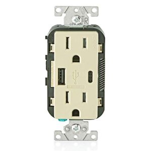 leviton t5633-i 15-amp type a & type-c usb charger/tamper resistant outlet, not for laptops, ivory