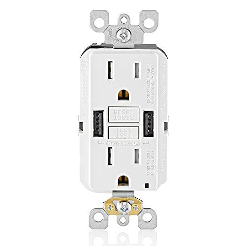 Leviton GUSB1-W 15A SmartlockPro GFCI Combination 24W(4.8A) Type A USB In-Wall Charger Outlet , White