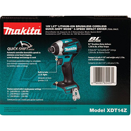 Makita XDT14Z 18V LXT Lithium-Ion Brushless Cordless Quick-Shift Mode 3-Speed Impact Driver, Tool Only,