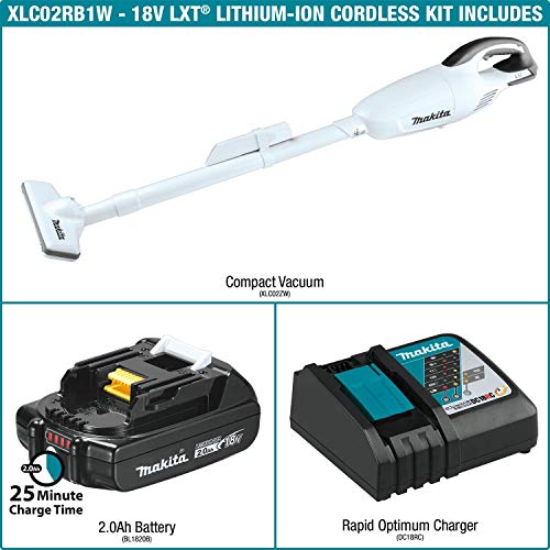 Makita XLC02RB1W 18V LXT Lithium-Ion Compact Cordless Vacuum Kit (2.0Ah), 1.3 Pint