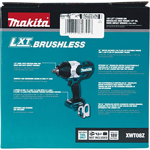Makita XWT08Z 18V LXT® Lithium-Ion Brushless Cordless High-Torque 1/2" Sq. Drive Impact Wrench, Tool Only