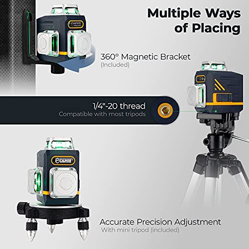 CIGMAN Laser Level Self Leveling 3x360° 3D Green Cross Line for Construction and Picture Hanging, Rechargeable battery, Remote Controller, Magnetic Rotating Stand Included