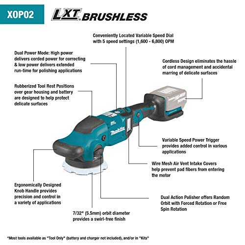 Makita XOP02Z 18V LXT® Lithium-Ion Brushless Cordless 5" / 6" Dual Action Random Orbit Polisher, Tool Only