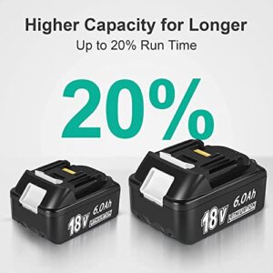 6.0Ah Replace for Makita 18V Battery BL1860B, Ultra High Capcaity Compatible with Makita 18 Volt Lithium Battery BL1850 BL1850B BL1840 BL1840B BL1830 BL1830B BL1815B with Battery Holder 2 Pack, Black